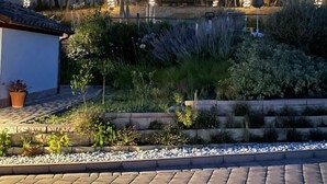 Ein gepflasterter Patio-Bereich mit einem kleinen Gebäude, umgeben von Bäumen und dekorativer Beleuchtung.