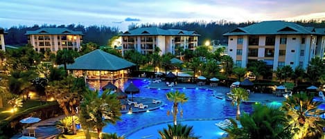2 outdoor pools, open 8:00 AM to 8:00 PM, free cabanas, pool umbrellas