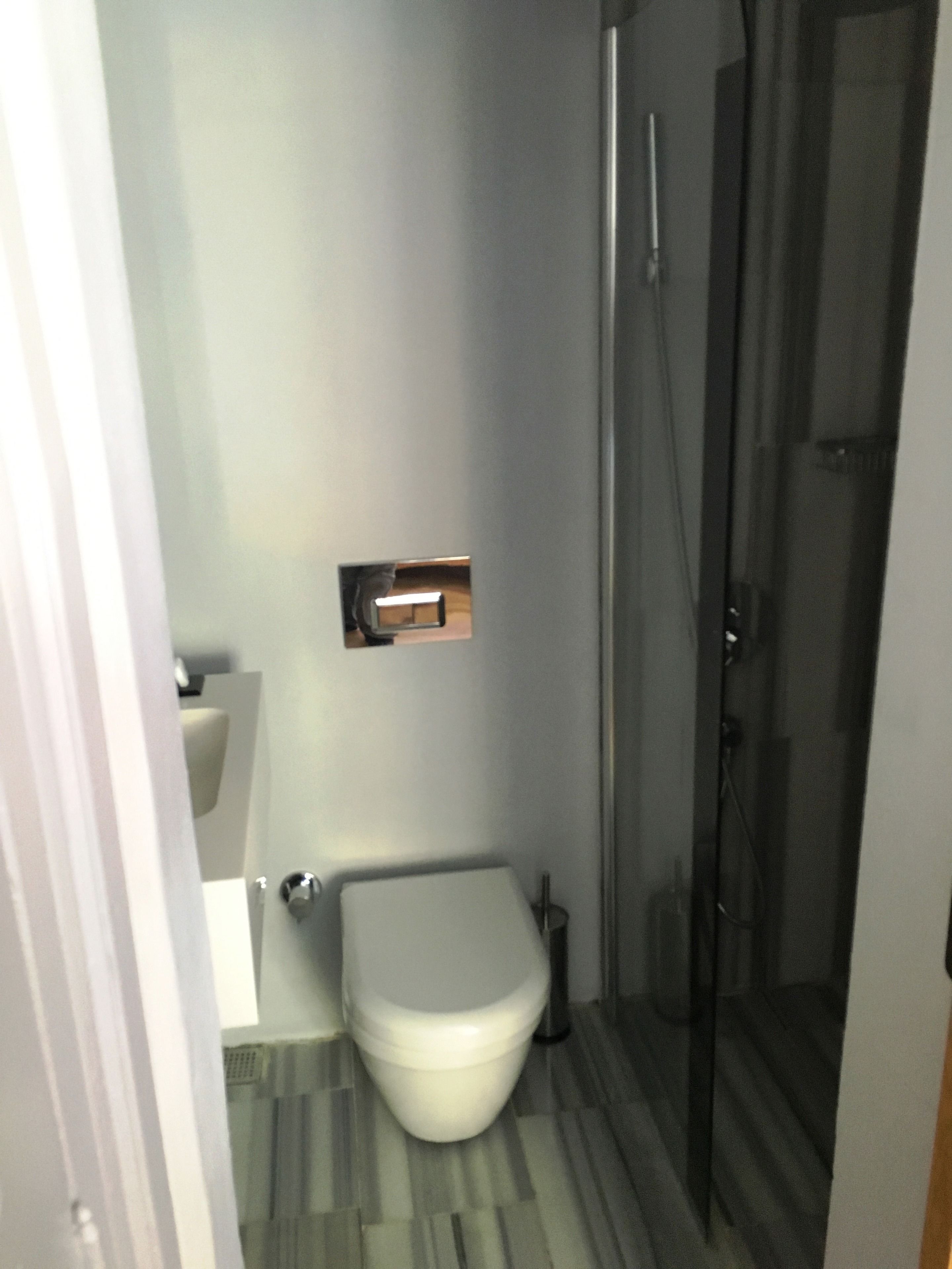 A modern bathroom with a toilet, a sink, and a shower area.