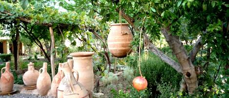 Terracotta pots and a hanging pot in a garden setting.