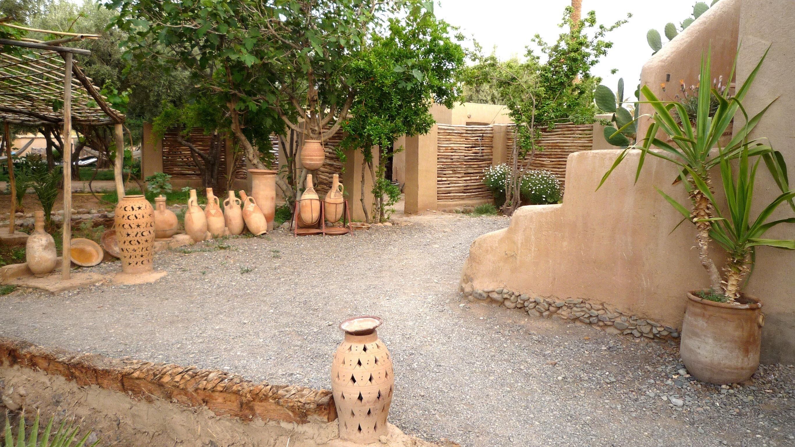 A courtyard with traditional pottery, a palm tree, and a rustic wall.
