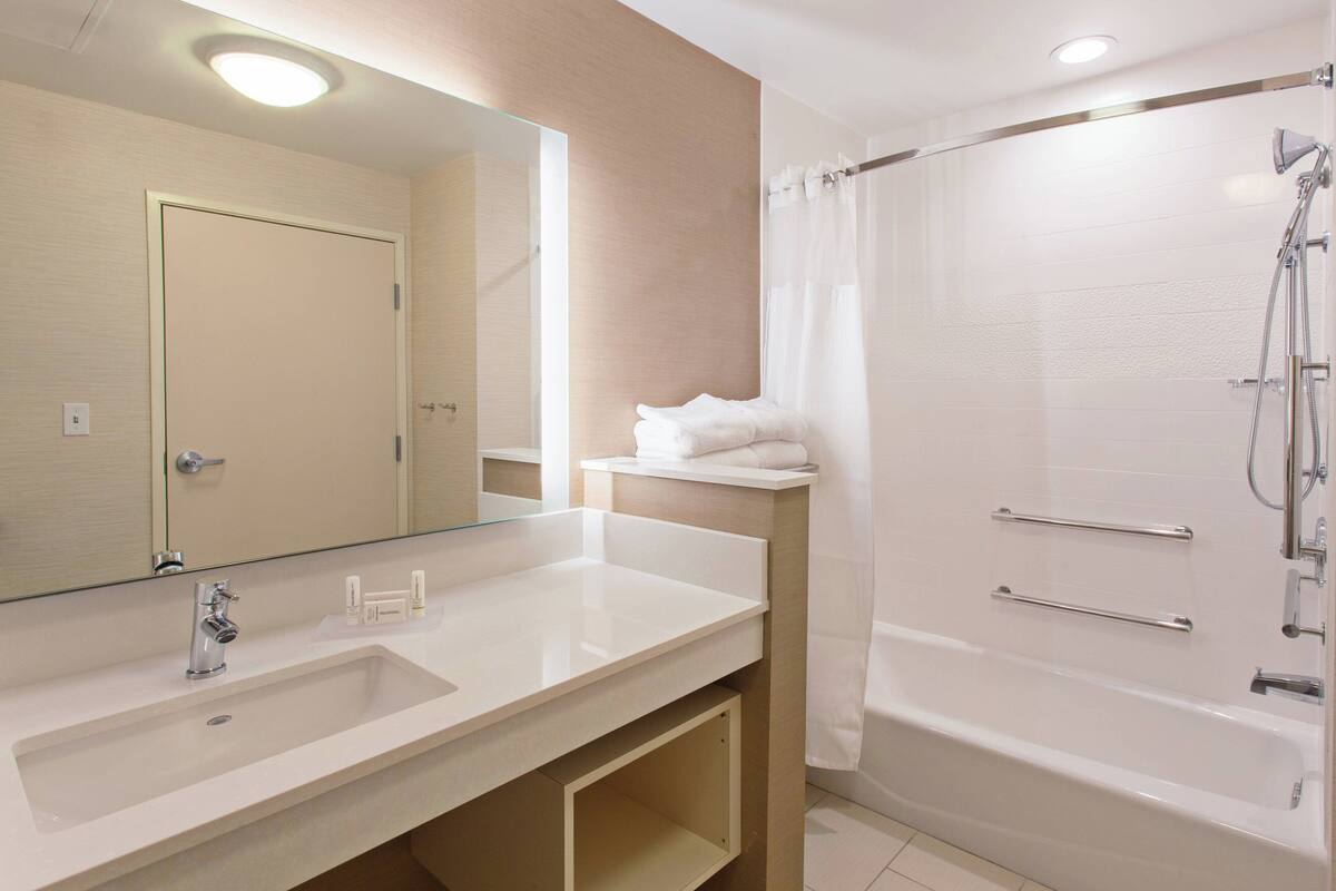 combined shower/bathtub, free toiletries, hair dryer, towels