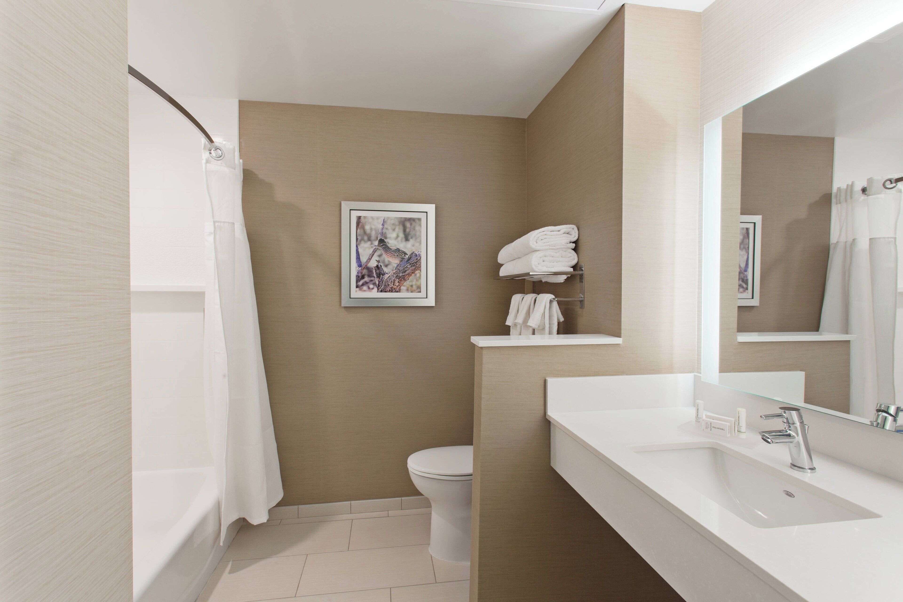 combined shower/bathtub, free toiletries, hair dryer, towels