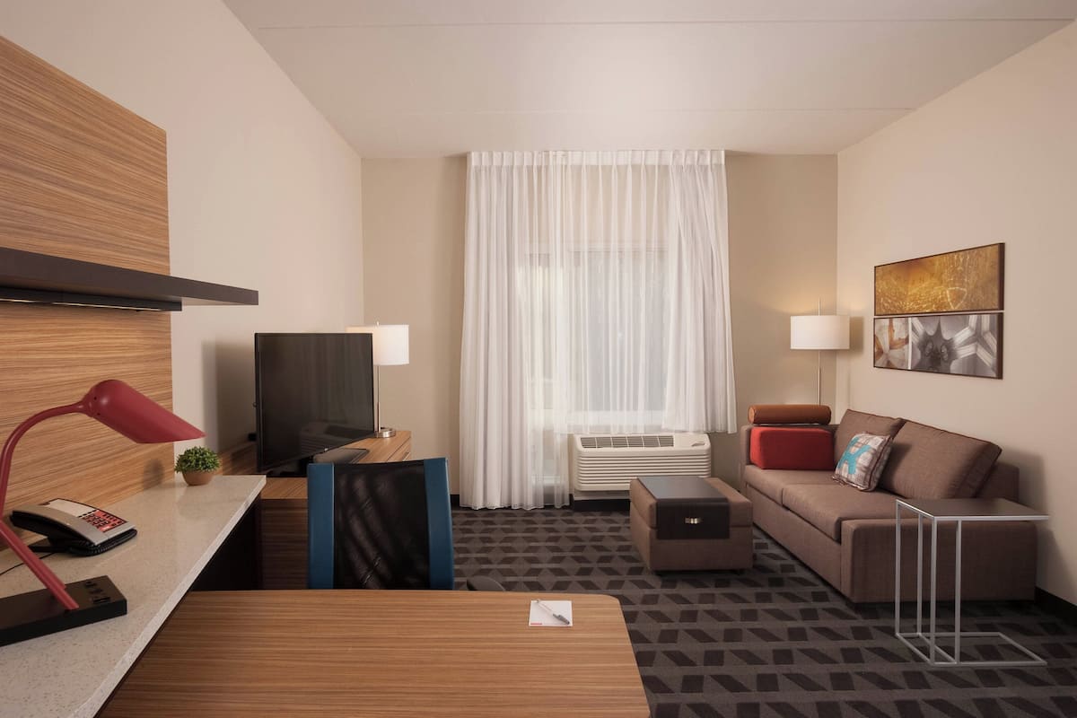 Une chambre d’hôtel équipée d’un bureau, d’un canapé, d’une télévision, d’une lampe, d’une plante et d’une fenêtre avec des rideaux.