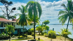 A pool with lounge chairs, palm trees, and a view of the ocean. - Playa Mango (Bocas del Toro)
