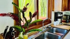 A kitchen with a sink, a coffee maker, and a window with a view of greenery. - Playa Mango (Bocas del Toro)