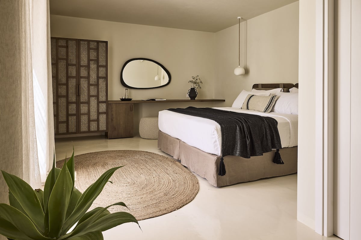 A modern bedroom with a bed, bedside table, mirror, and a large potted plant.