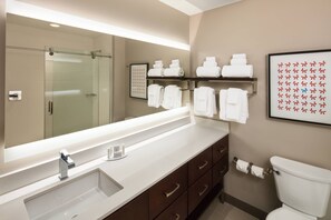 A modern bathroom with a large mirror, a sink, a toilet, and towel racks. - TownePlace Suites New Orleans Downtown/Canal Street (New Orleans)