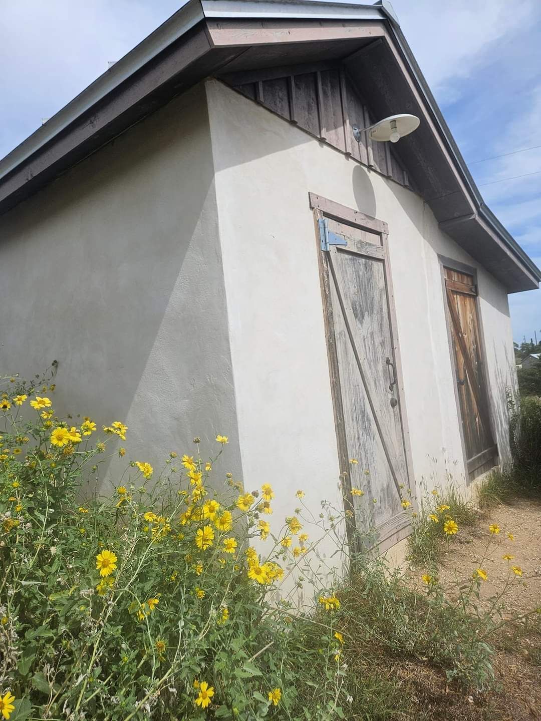 A small building with a sloped roof, a single door, and a window.