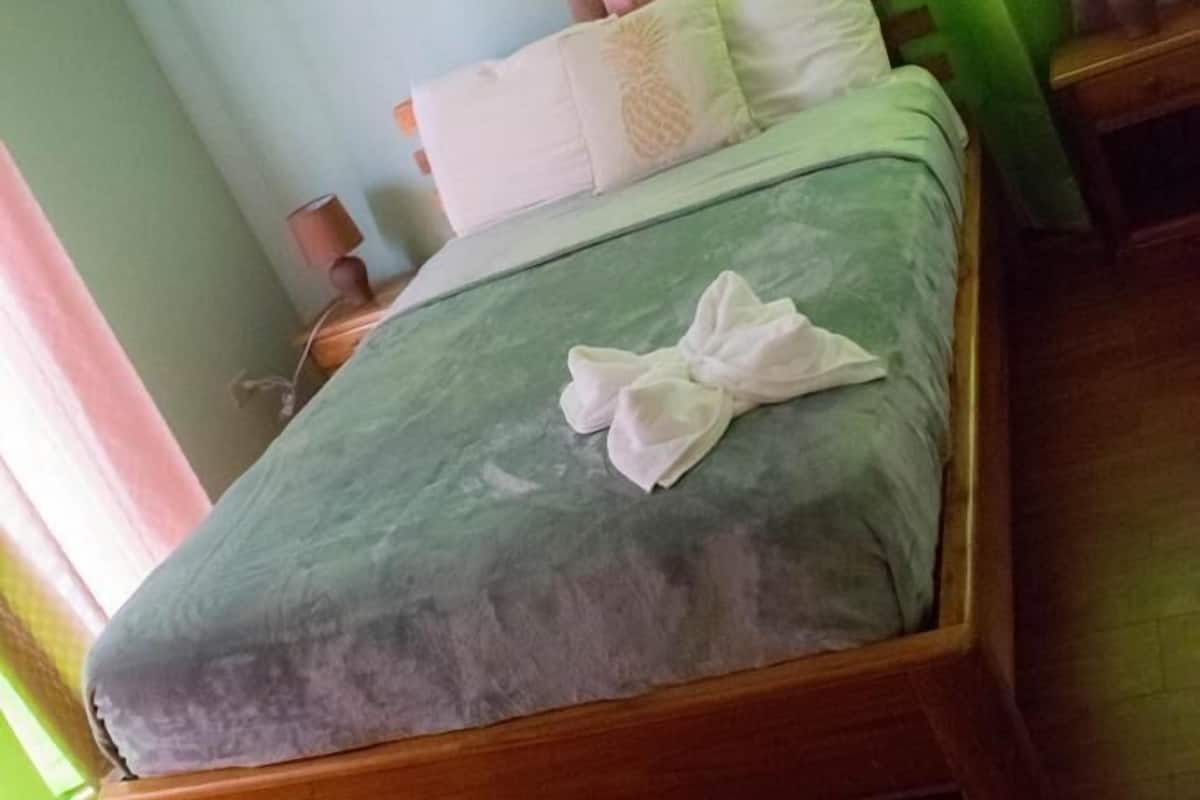 A single bed with a wooden frame, green curtains, and a white pillow.