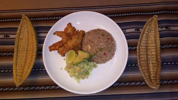 Breakfast, lunch, dinner served; local cuisine