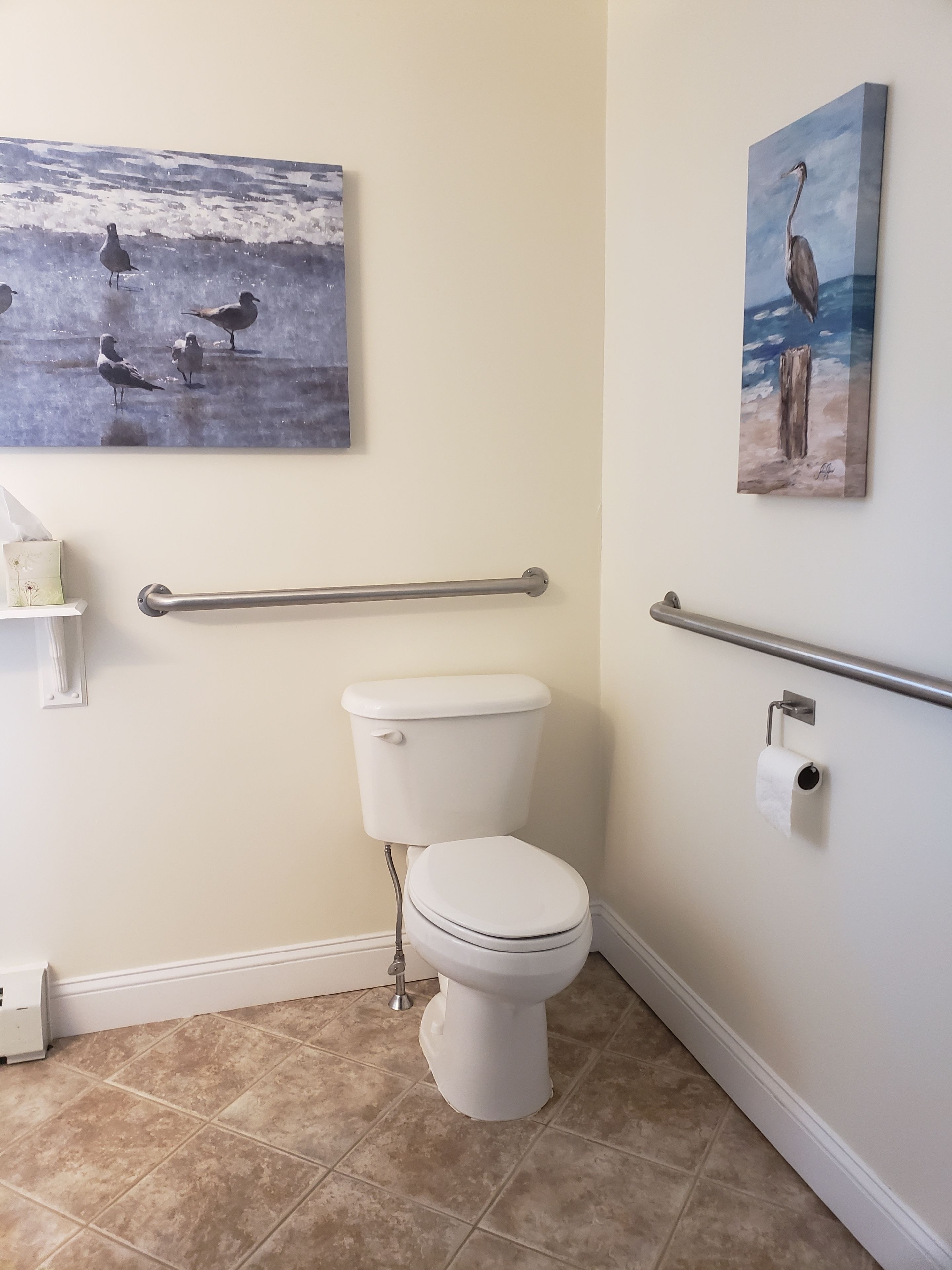 A bathroom with a toilet, a handrail, and two paintings on the wall.