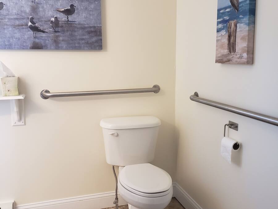 A bathroom with a toilet, a handrail, and two paintings on the wall.