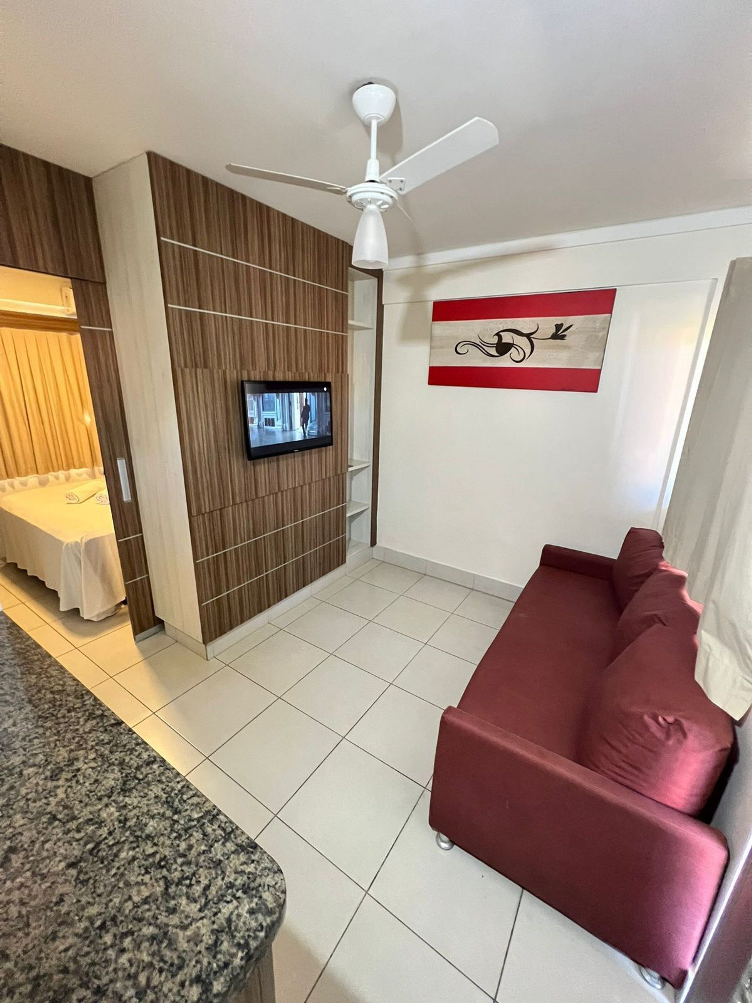 Ein modernes Wohnzimmer mit einem roten Sofa, einem an einer Holzplatte montierten Fernseher, einem Deckenventilator und einer Flagge an der Wand.