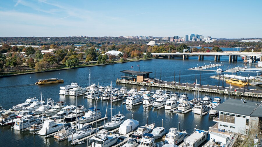Boats docked at The Wharf waterfront district in Washington, D.C.