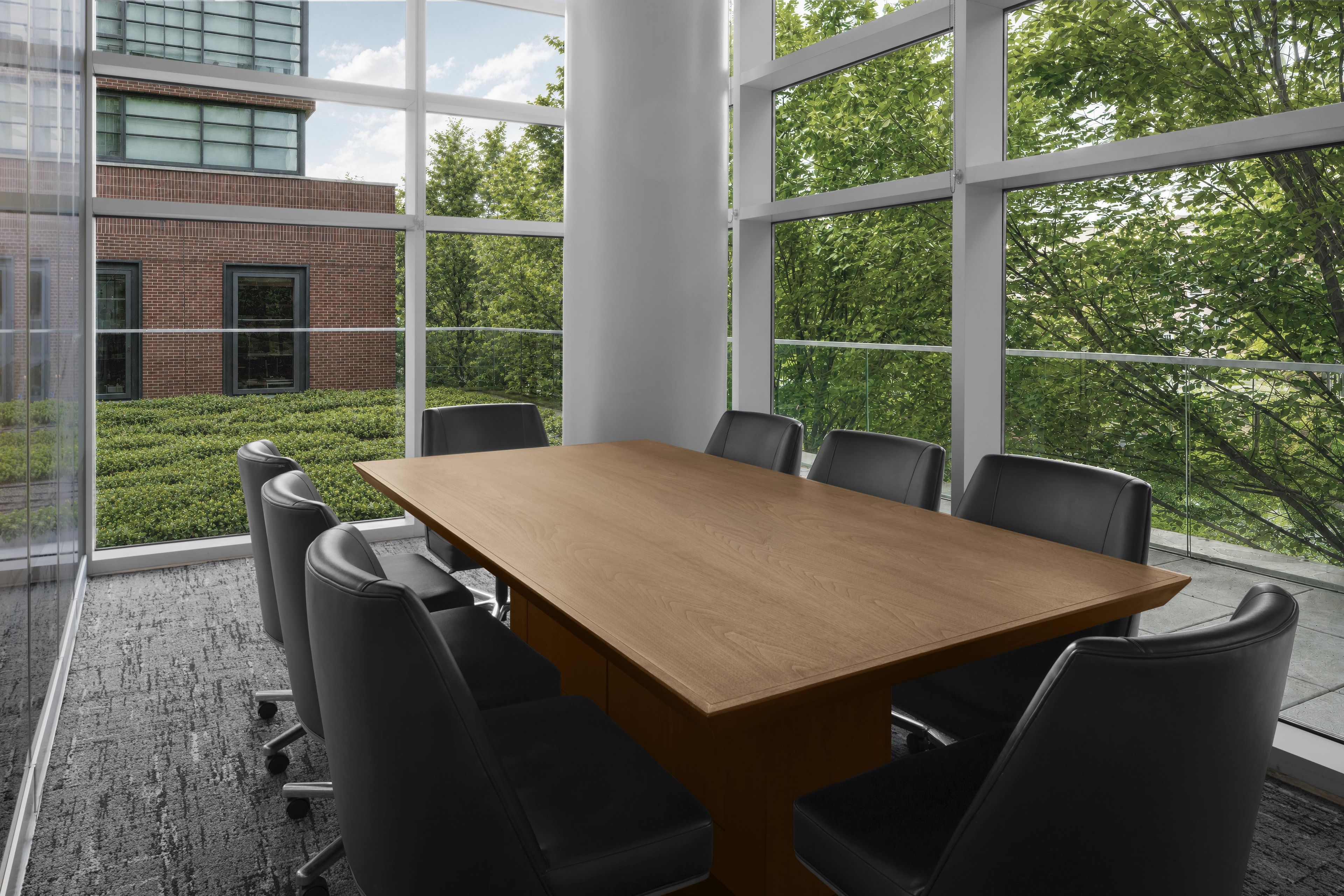 A conference room with a large table and chairs, large windows with a view of trees and a building.