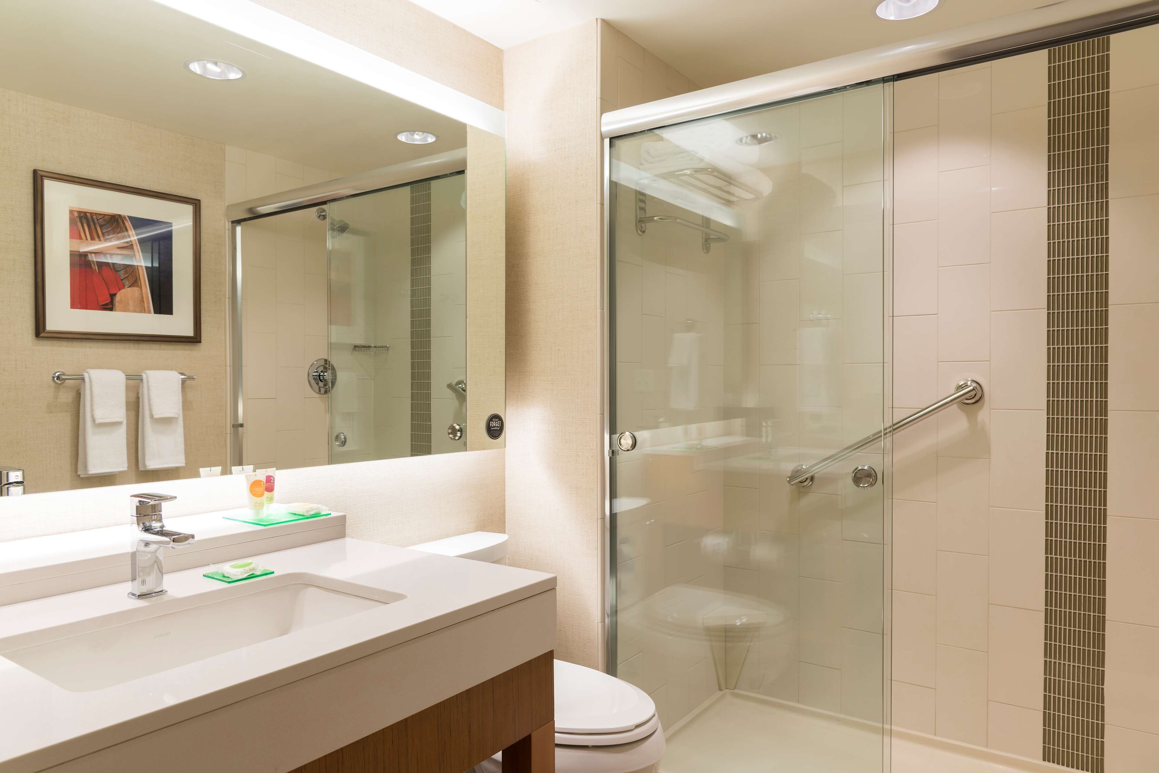 designer toiletries, hair dryer, towels