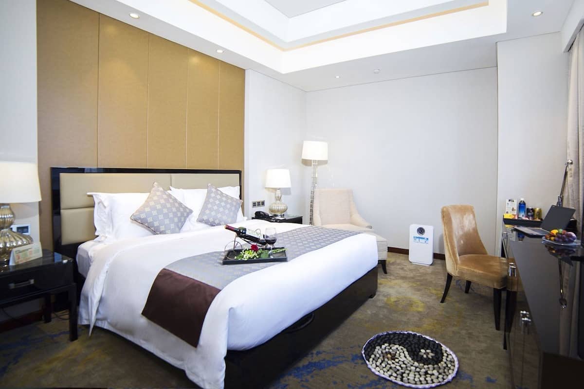 Quarto de hotel com uma cama, mesas de cabeceira, escrivaninha, cadeira, televisão e um objeto decorativo no chão.