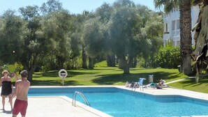 A swimming pool with a geometric tile pattern, surrounded by a grassy area with trees and a building in the background.