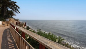 Une promenade en bord de mer, dotée d’une rambarde en bois, de palmiers et offrant une vue sur l’océan.