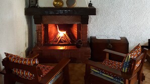 Een knus vertrek met een open haard, houten meubels en een gestructureerde muur.