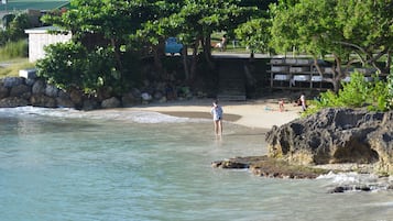 Plage à proximité, chaises longues, serviettes de plage