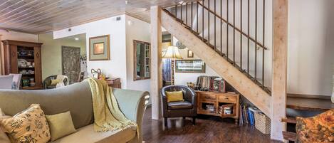 Fireplace, video games, DVD player, books