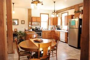 Fridge, microwave, oven, stovetop - River View. Rent Historic Mill's 2nd Floor. Rustic Timber-frame Construction (Shell Rock)