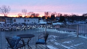 Outdoor dining - River View. Rent Historic Mill's 2nd Floor. Rustic Timber-frame Construction (Shell Rock)
