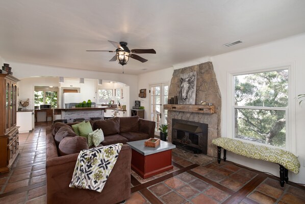 Smart TV, chimenea, reproductor de DVD y videoteca 