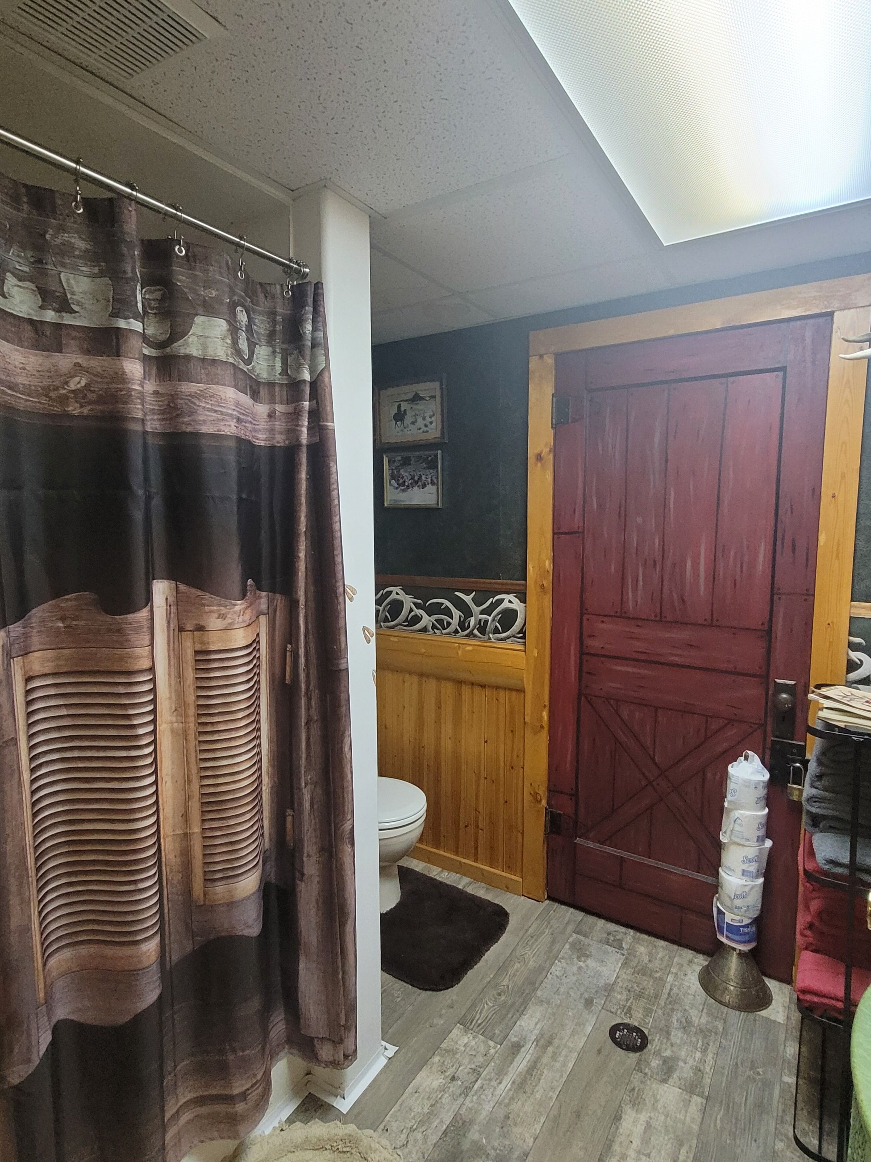 Un baño con cortina de ducha, puerta de madera, inodoro y un pequeño tapete.