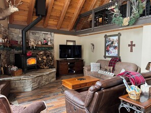 TV connectée, cheminée, jeux vidéo, lecteur de DVD