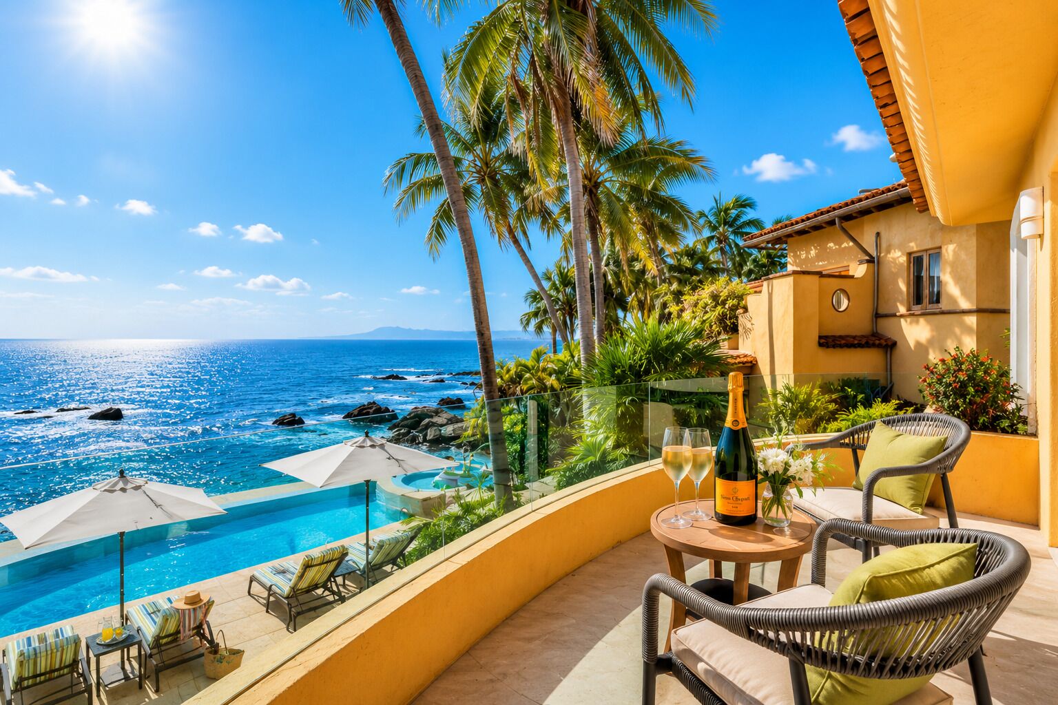 A balcony with a view of the ocean, a pool, and outdoor seating.