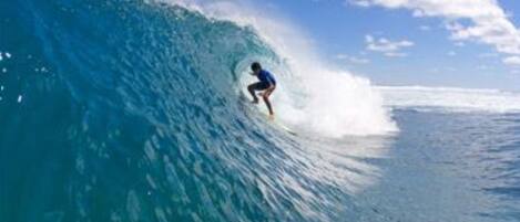 Un surfeur chevauchant une grosse vague dans l’océan.