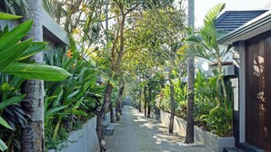 Un camí arbrat i vorejat de plantes que condueix a un edifici amb una porta fosca i un petit jardí.