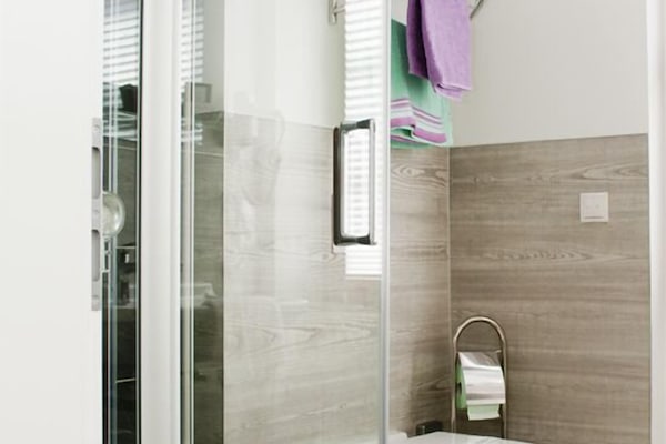 Shower, free toiletries, hair dryer, towels