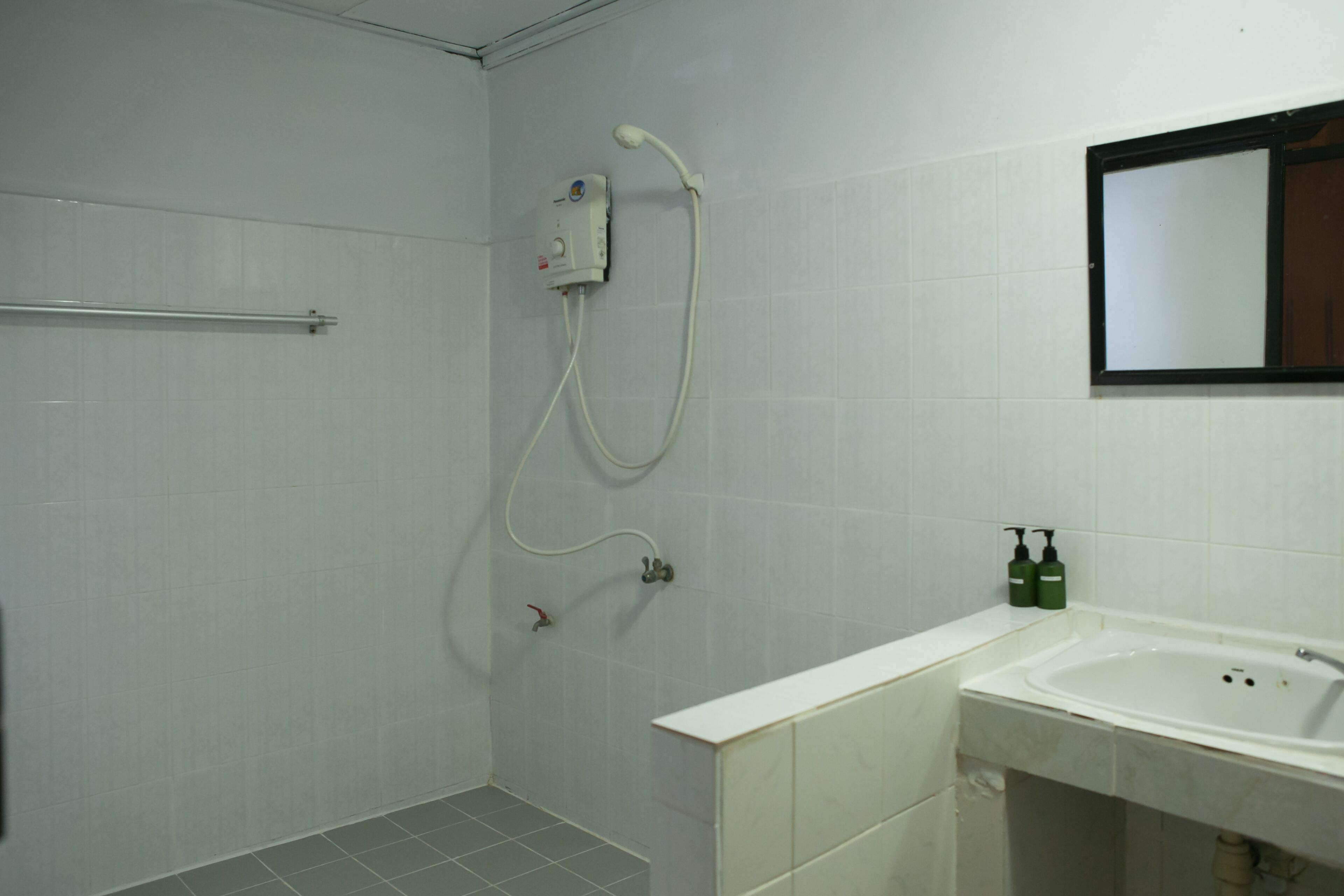 A bathroom with a shower, a sink, and a mirror.