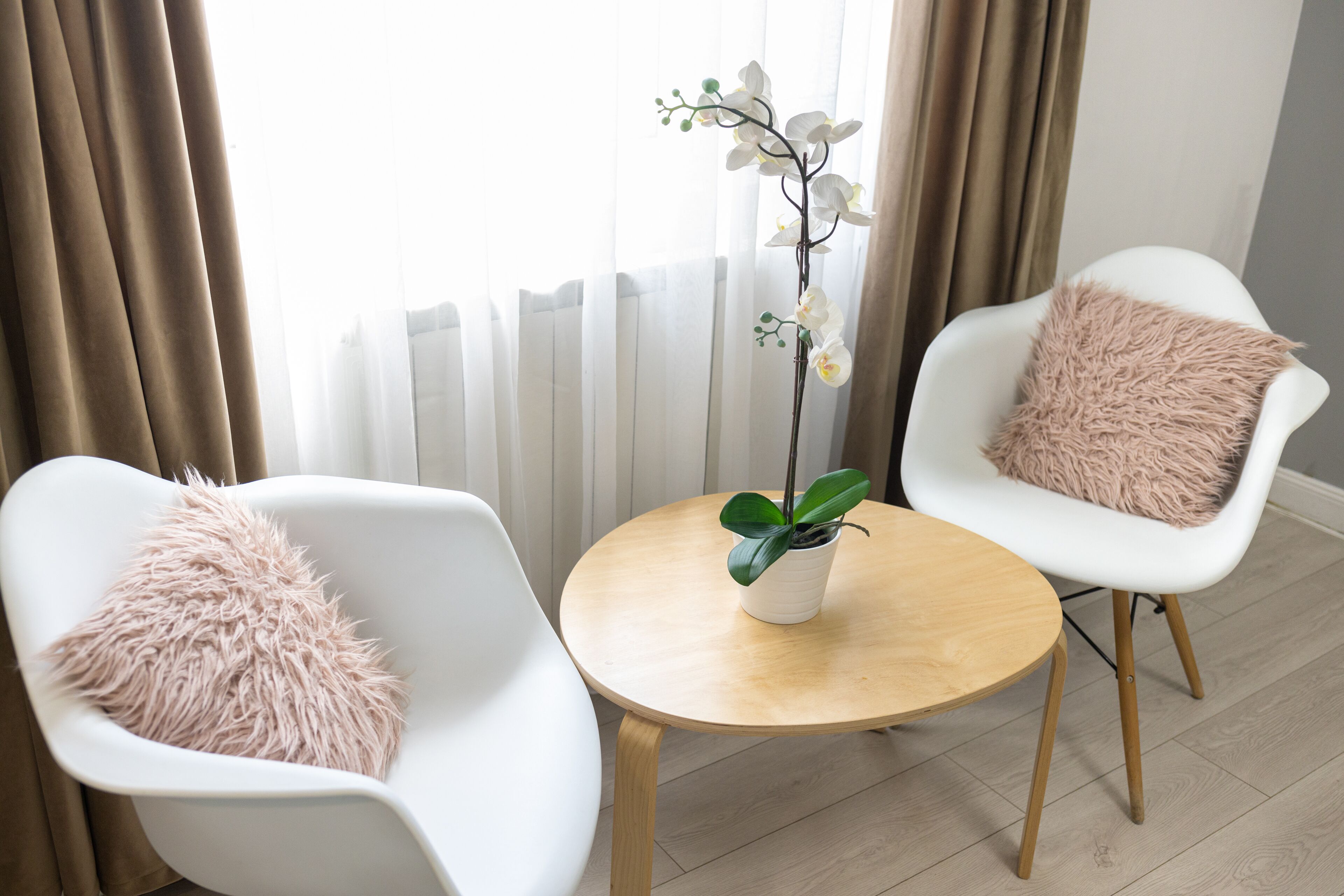 Une pièce moderne avec deux chaises blanches, une table ronde en bois et un pot contenant une plante orchidée.