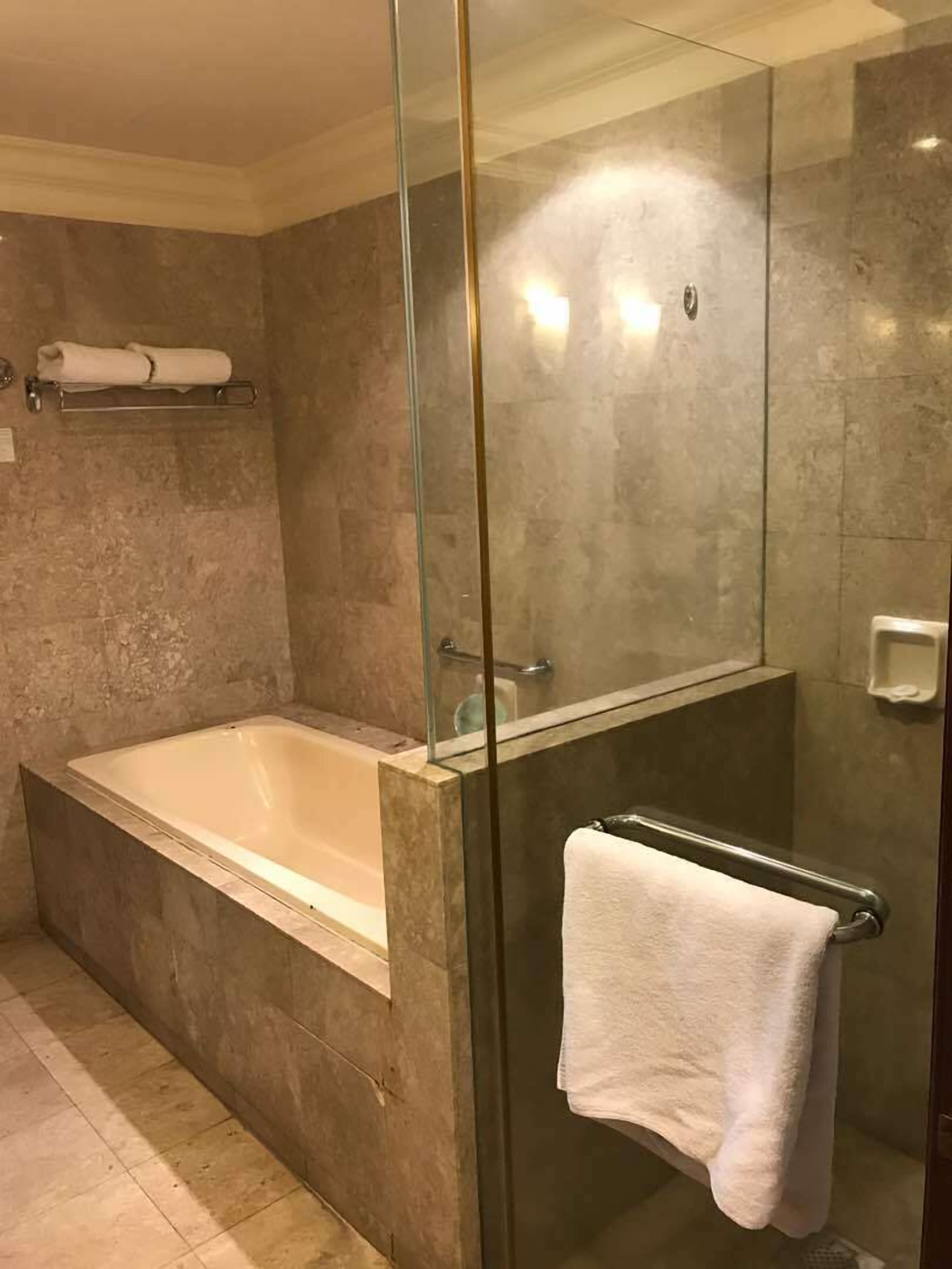 Shower, free toiletries, hair dryer, towels