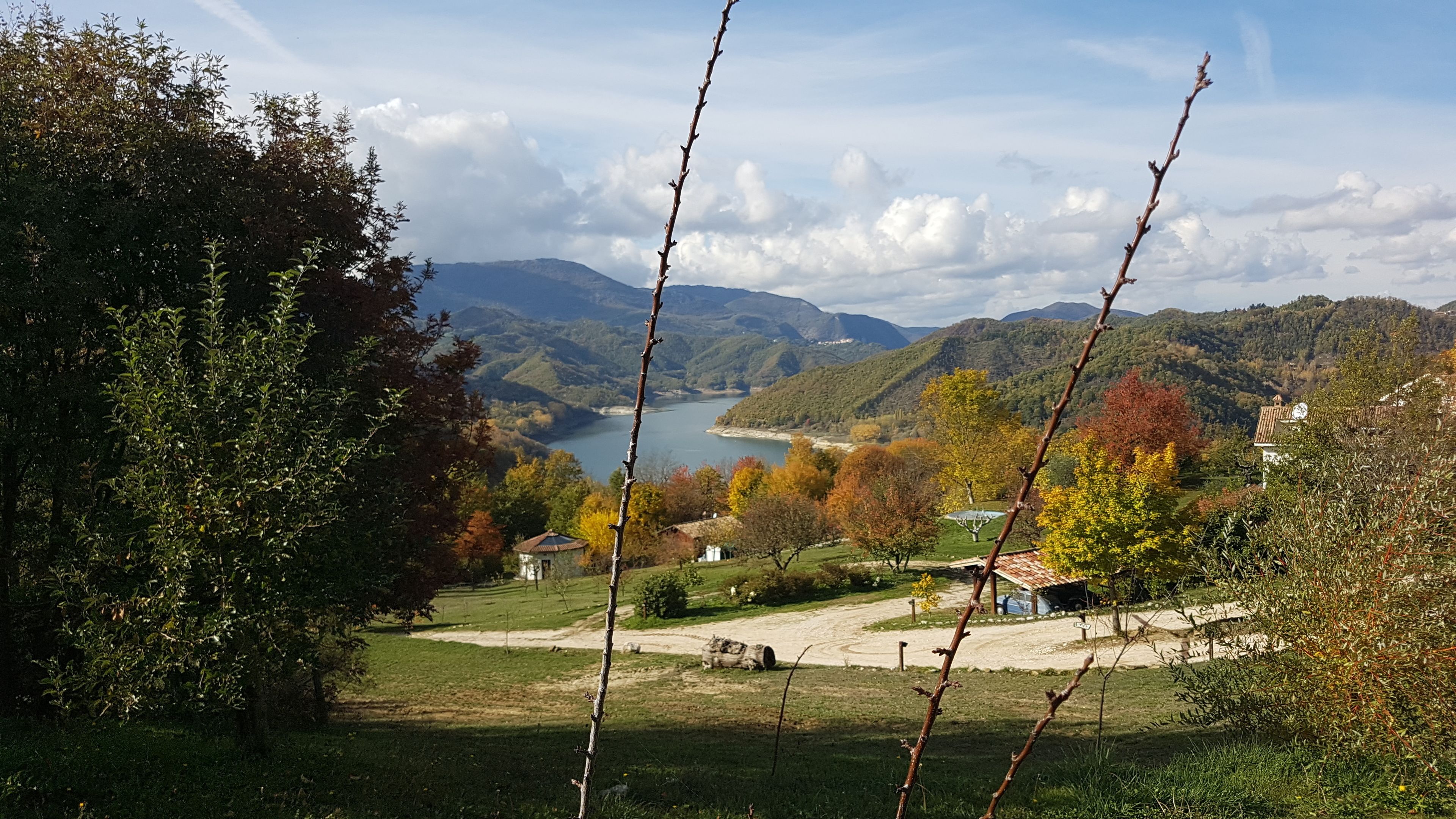 A view of a lake surrounded by mountains and autumn-colored trees. There are buildings in the foreground.