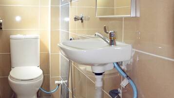 A bathroom with a toilet, a sink, and a shower.