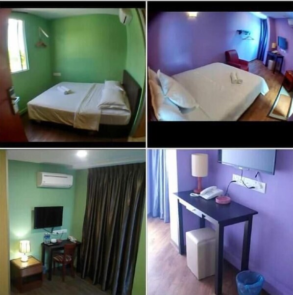 Een hotelkamer met een bed, een bureau, een stoel, een televisie en een airconditioning.