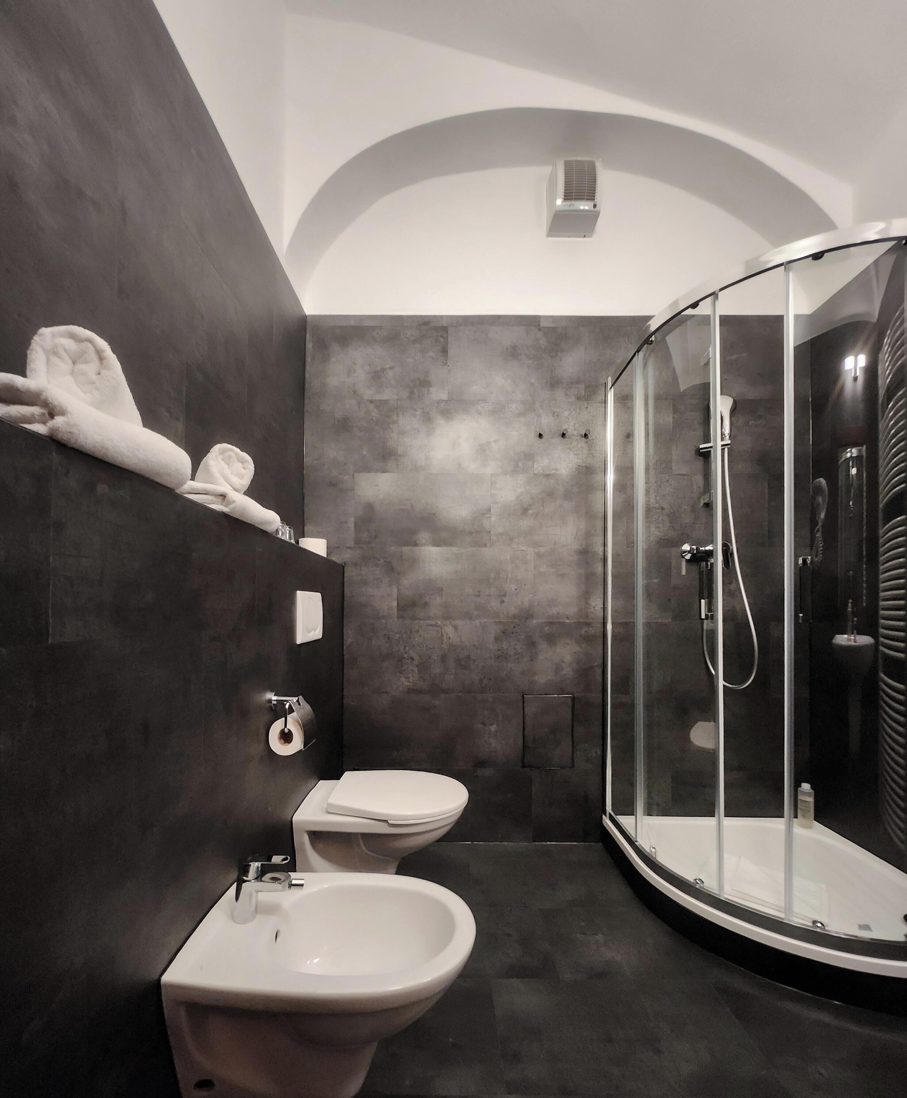 Ein modernes Badezimmer mit einer Duschkabine, einer Toilette und einem Bidet.