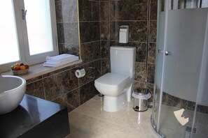 Shower, free toiletries, hair dryer, slippers