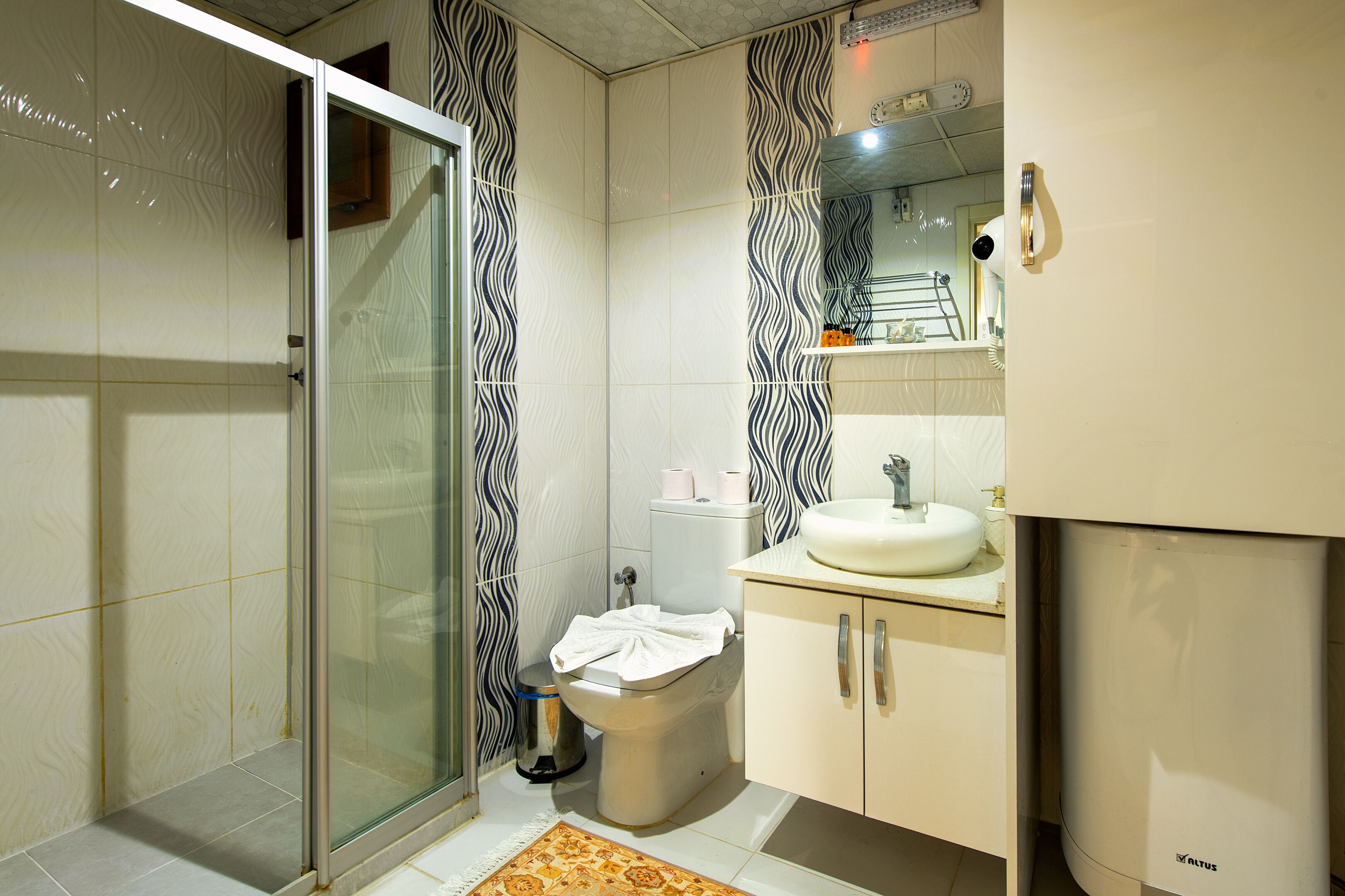 shower, free toiletries, hair dryer, slippers