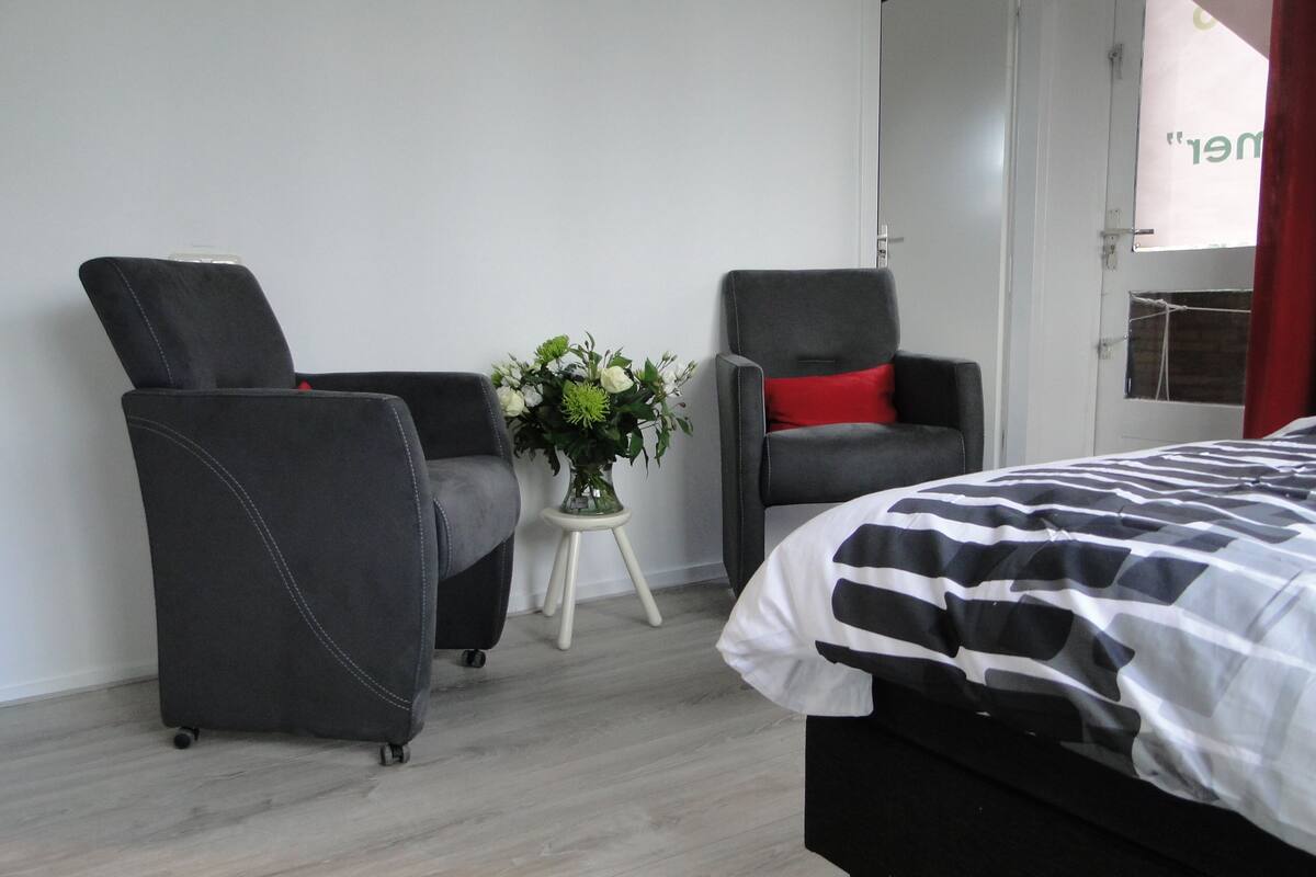 A modern hotel room with a bed, two armchairs, a small table with a vase of flowers, and a door with a red curtain.