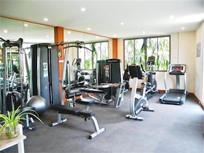 A gym with various exercise equipment, large windows, and a plant.