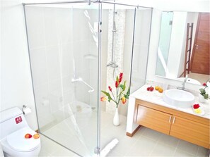 A modern bathroom with a glass-enclosed shower, a white toilet, a sink with a mirror, and a wooden cabinet.