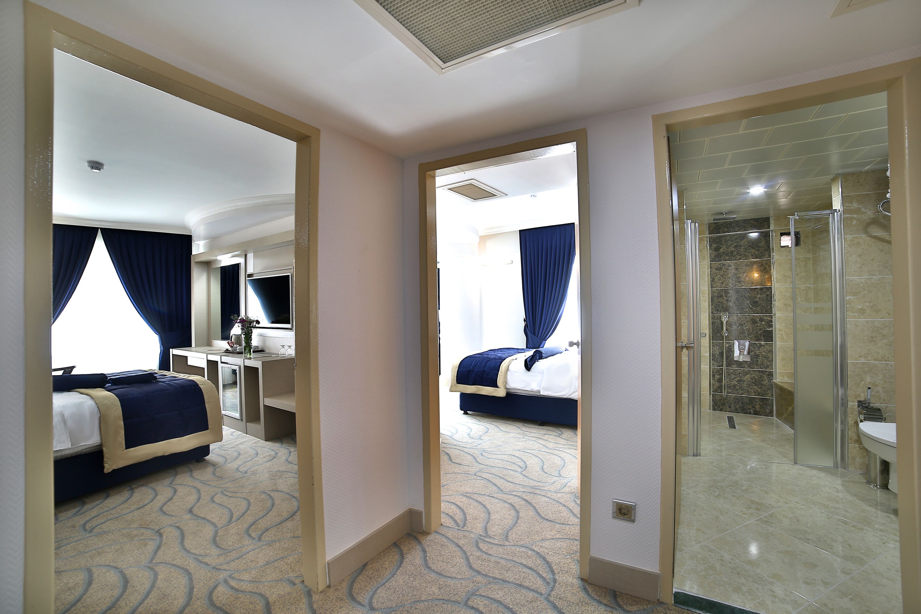 Habitación de hotel con cama, escritorio y baño con ducha y lavamanos.