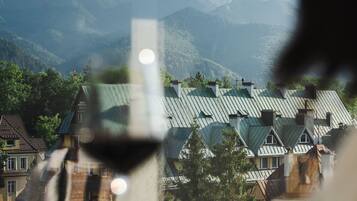 Una persona sostiene una copa de vino con vistas a un pueblo y montañas al fondo.